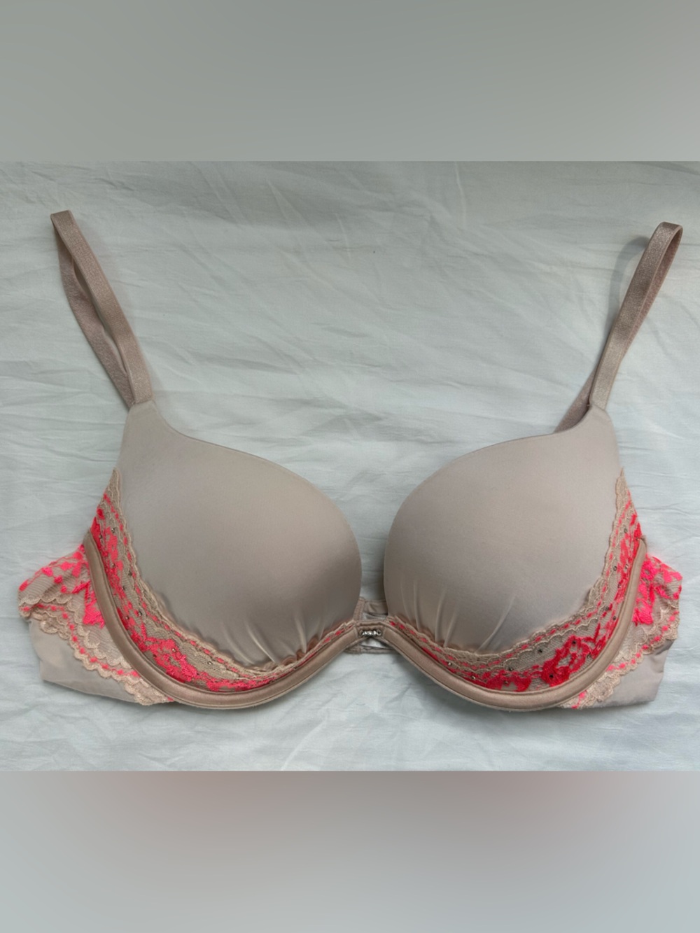 Victoria's Secret Push Up Beige Bra with Neon Pink Lace Trim
